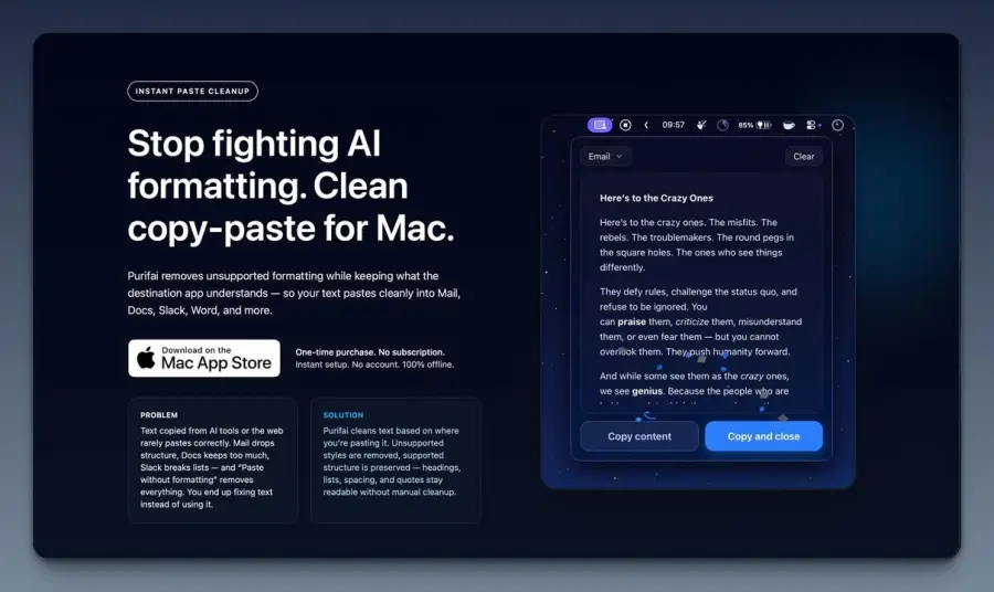 Purifai สายที่ copy จาก AI ไปแล้ว format พังต้องชอบ แอป Mac…