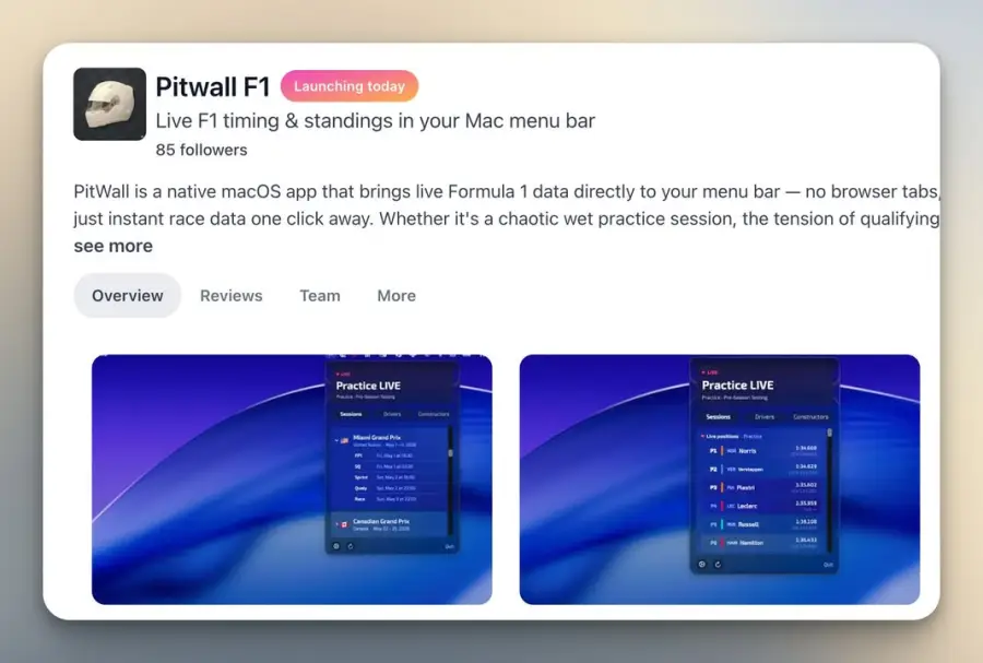 PitWall F1 – แอป F1 ที่เอา live timing ทั้งสนามมายัดไว้บนแถบเมนู…