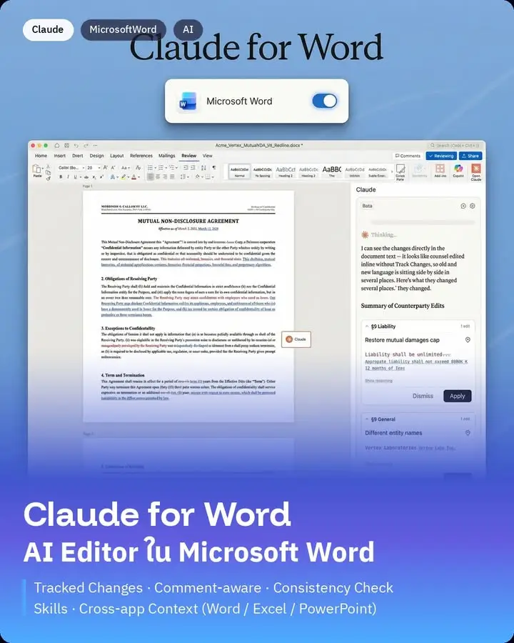 Claude for Word คือ AI ที่ฝังอยู่ใน Microsoft Word โดยตรงเป็น…