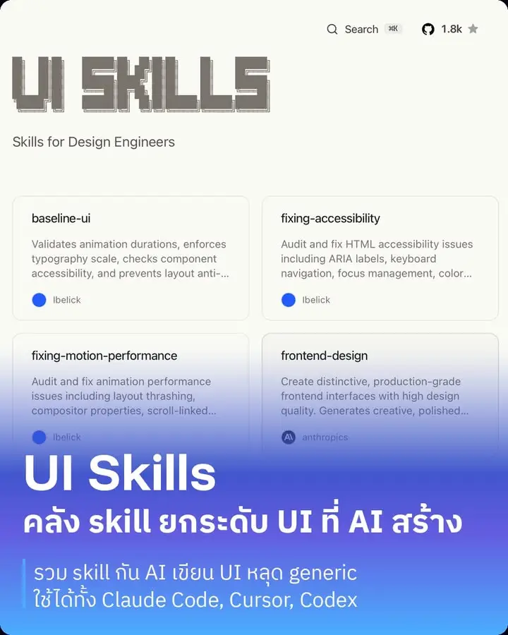 UI Skills — คลัง skill ช่วย AI เขียนหน้าเว็บสวย