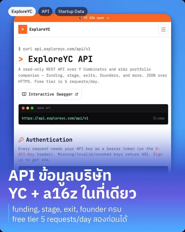 ExploreYC API เป็นของที่คนสาย startup หรือ VC น่าจะเก็บไว้ใช้ คือ…