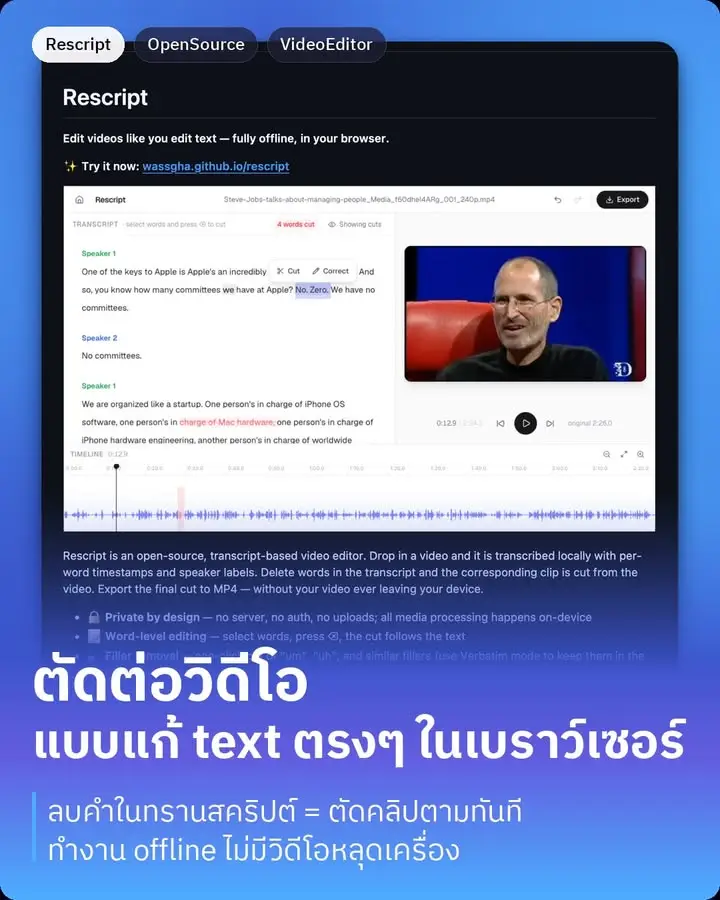 Rescript — video editor ที่ทำให้เราตัดคลิปได้แค่ลบคำในทรานสคริปต์…