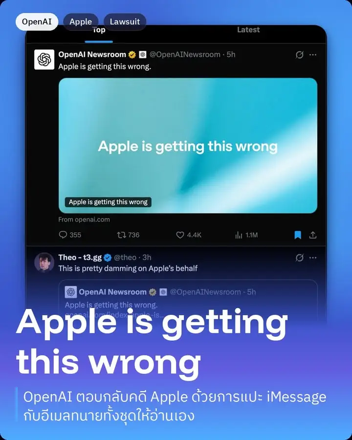 10 กรกฎาคม Apple ยื่นฟ้อง OpenAI ข้อหาขโมยความลับทางการค้า