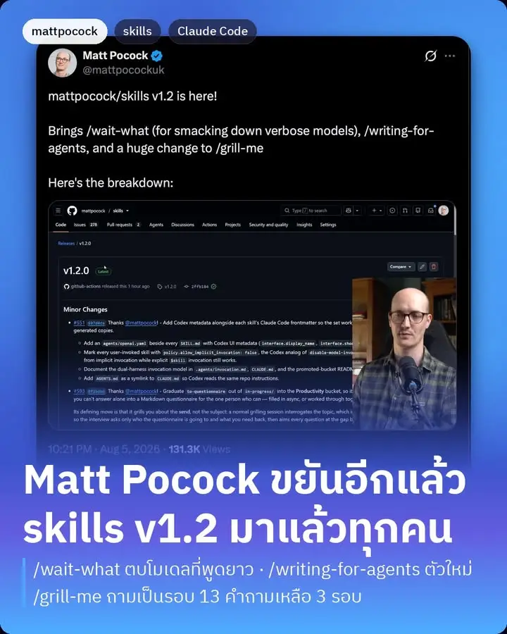 คุณ Matt สุดขยันอัปเดตอีกแล้วครับทุกคน mattpocock/skills ออก v1.2…