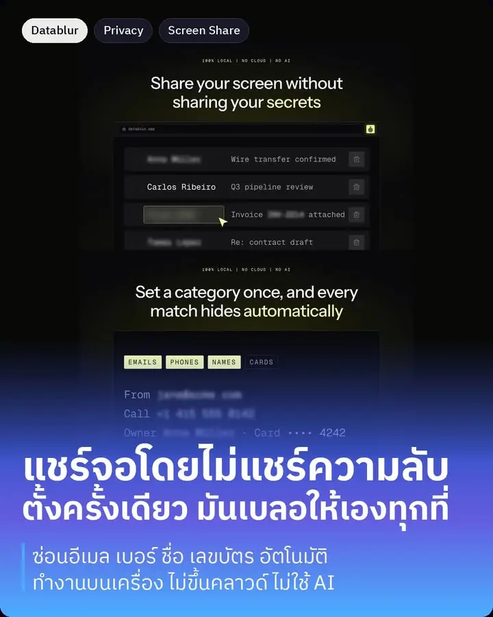 Datablur คือเครื่องมือที่เบลอข้อมูลลับบนหน้าจอตอนเราแชร์จอ…