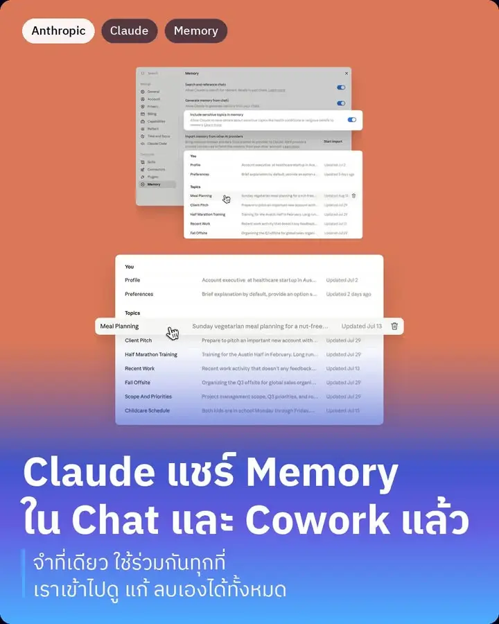 Claude แชร์ memory ใน chat กับ Claude Cowork แล้ว