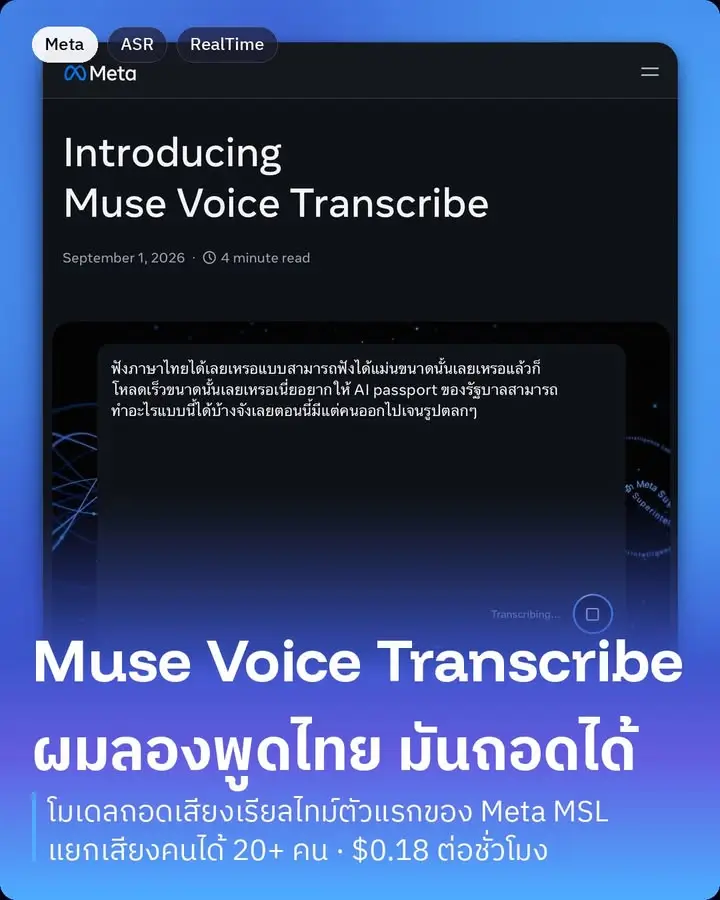 Muse Voice Transcribe คือโมเดลถอดเสียงเรียลไทม์ตัวแรกของ Meta…