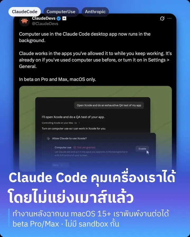 Claude Code เพิ่งอัปเดต computer use ให้ทำงานหลังฉากได้แล้ว…