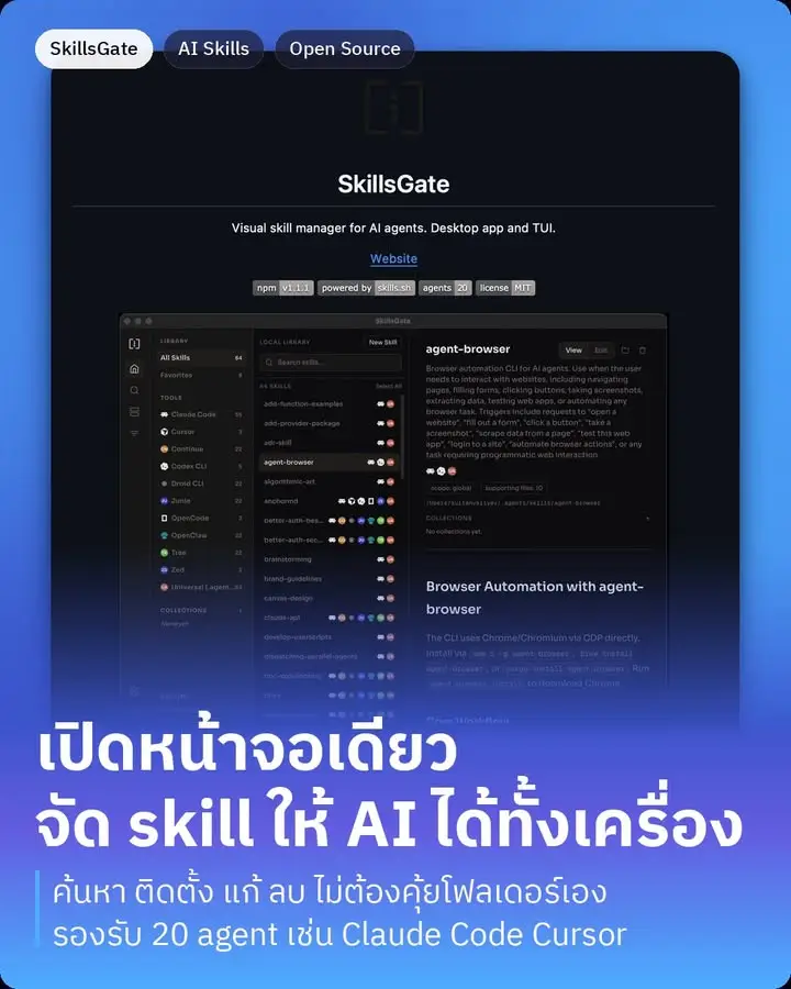 SkillsGate คือแอปที่เปิดมาแล้วเห็น skill ทั้งหมดที่ AI agent…