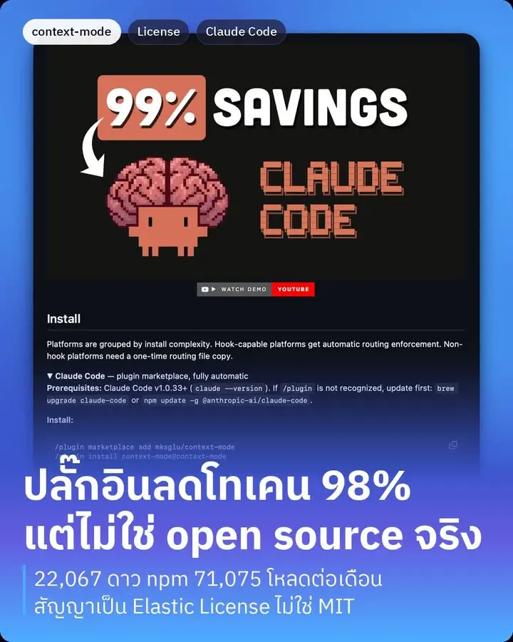 context-mode คือปลั๊กอินที่กันข้อมูลดิบไม่ให้ไหลเข้า context ของ…