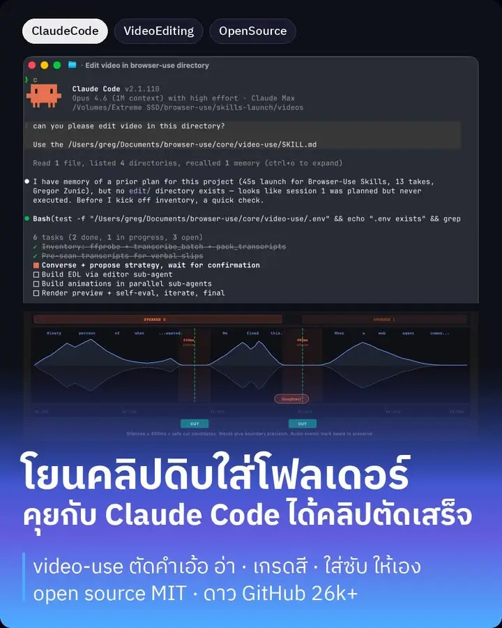 video-use คือ skill ตัดต่อวิดีโอแบบคุยกับ AI จากทีม Browser Use…