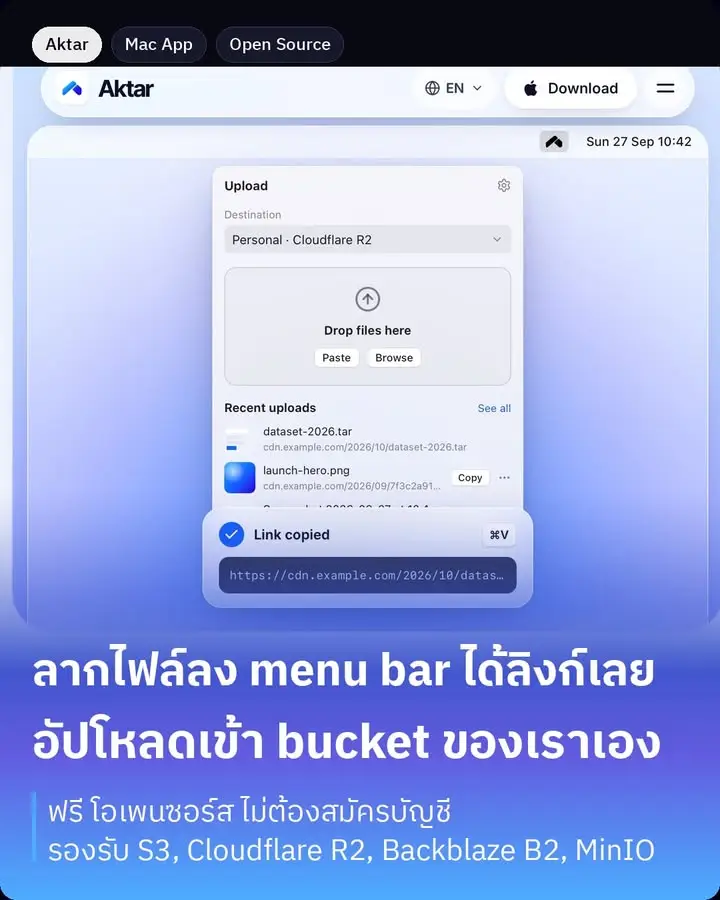 Aktar คือแอป menu bar บน Mac ที่ลากไฟล์ไปวางแล้วได้ลิงก์ติดอยู่ใน…