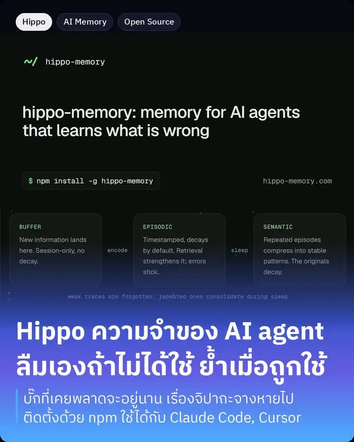 hippo-memory คือชั้นความจำสำหรับ AI agent ที่ลืมเองตามค่าเริ่มต้น…
