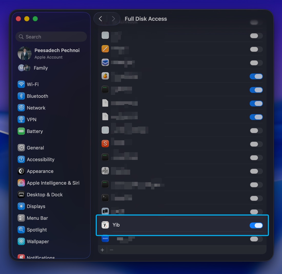 เปิดสิทธิ์ Full Disk Access ให้ Yib ใน System Settings